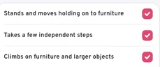 A stage of the Development Map in MyTurn, with what the parent has noticed ticked