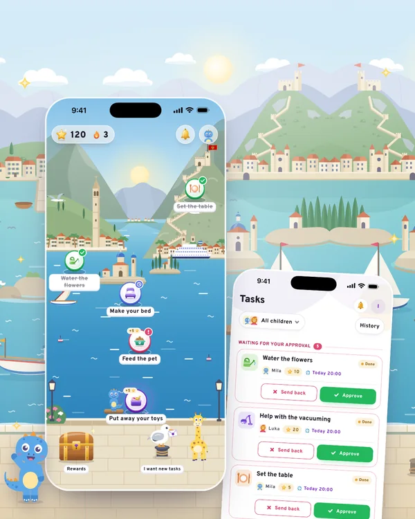MyTurn on two phones: a child's world with today's tasks, and a parent's screen approving a finished task