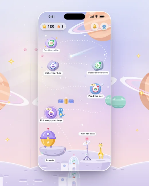 Space: a world in the MyTurn app, with today’s tasks